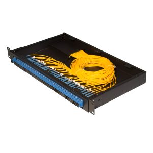 A 1x32 abs box type splitter in metal rack mounted patch panel loaded with 32 sc upc singlemode simplex adapters