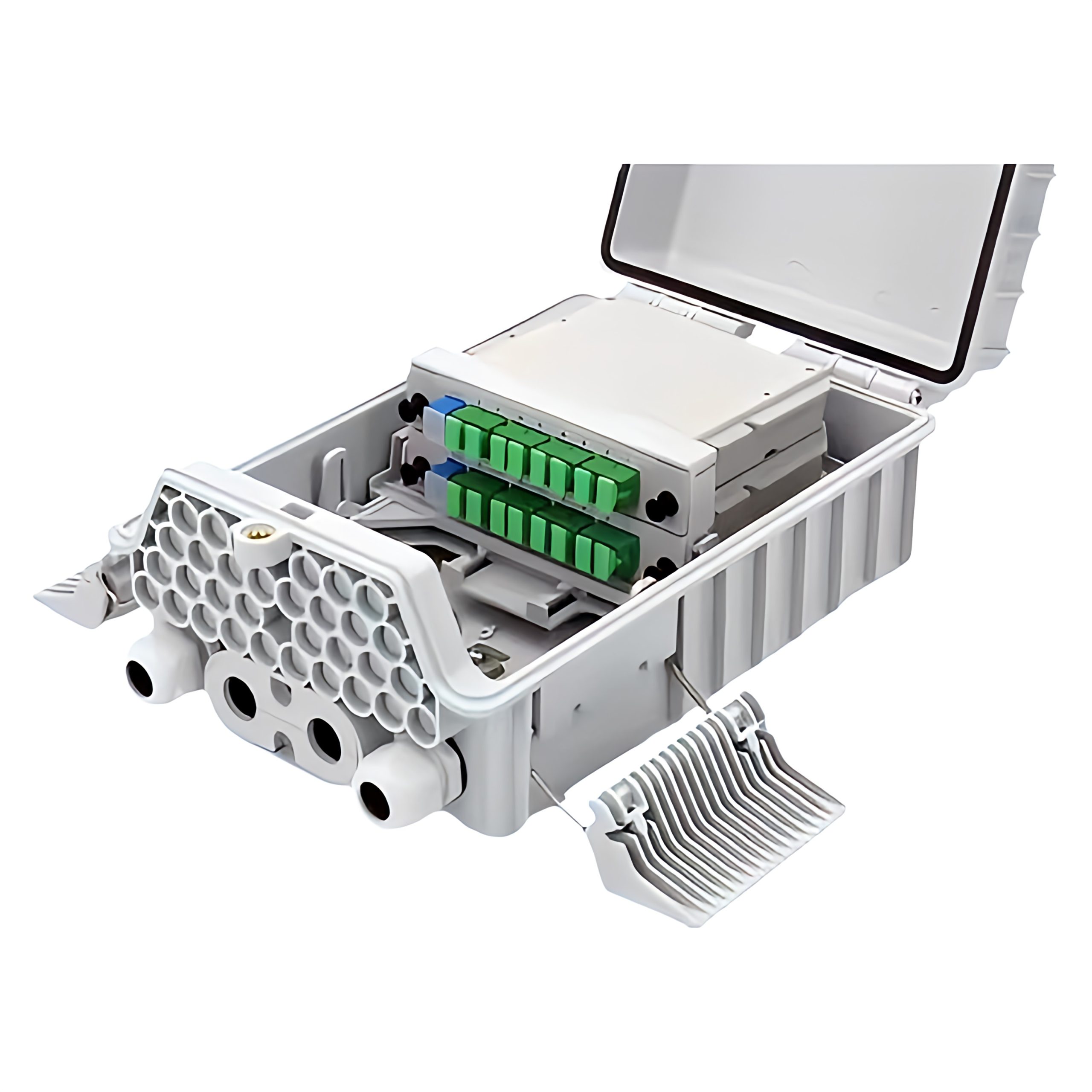 outdoor waterproof 4 in 32 out port fiber distribution box for max 2 pcs 1x8 plug-in splitter and 40 cores splice