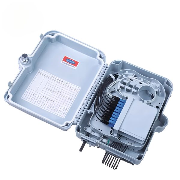 outdoor 24 port wall mounted fiber protection box with 2 cable access ports for cassette type plc splitter