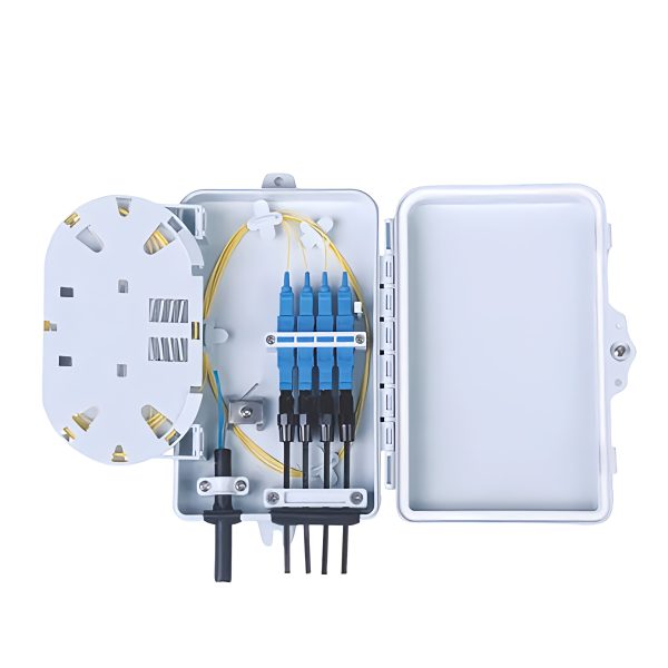 4 port ftth optical fiber distribution box loaded with sc upc adapters for 4 splices and optical signal splitting