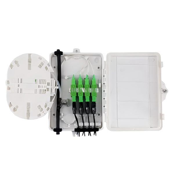 wall mounted 8 port fiber optic distribution box with 1 cable inlet for 8 cores splicing and splitting