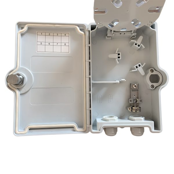 inside of 1 in 1 out indoor wall mounted 2 core fiber distribution box for splitting and max 4 cores termination