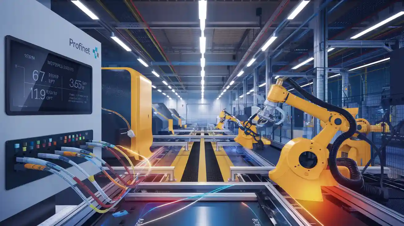 Industrial automation fiber optic network diagram showing PROFINET integration for real-time factory control systems