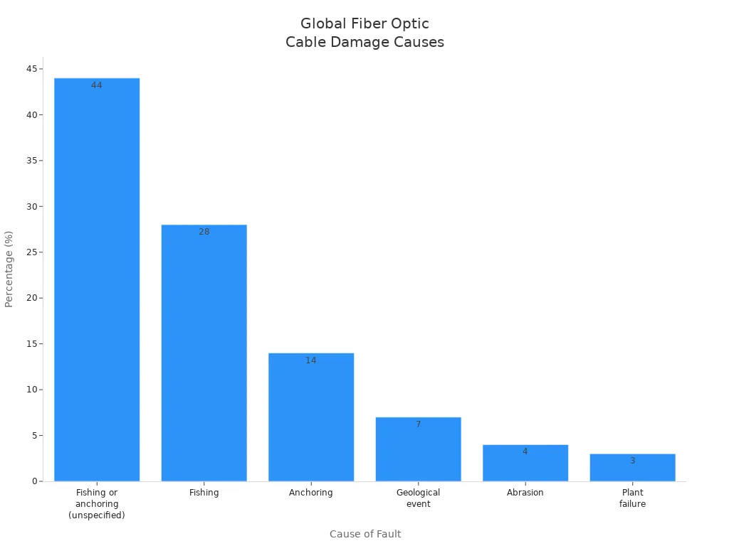 Bar chart showing global fiber optic cable damage causes by percentage
